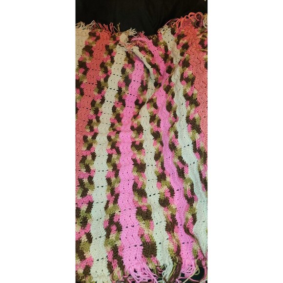 Handmade Crochet Afghan Baby Blanket Fringe 45x38  Multicolor Pink Brown NEW - Picture 6 of 9
